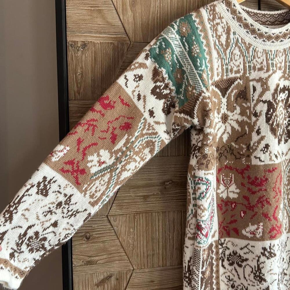 Sunbelt Vintage 90s Sweater Beige Brown Floral Paisley One Size Cottage - Picture 2 of 5